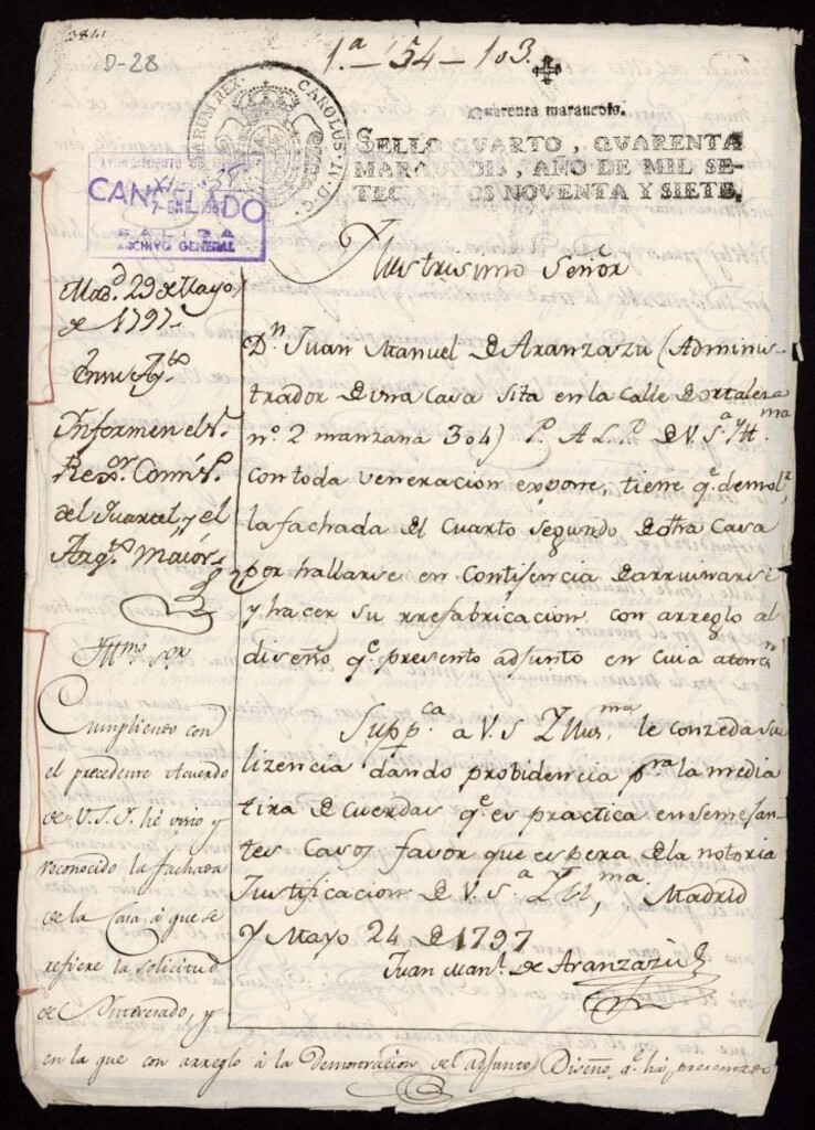 Miniatura de Licencia a Don Juan Manuel de Aranzazu para reedificar la fachada del cuarto 2º de la casa de la calle de Hortaleza nº 2 antiguo, manzana 304