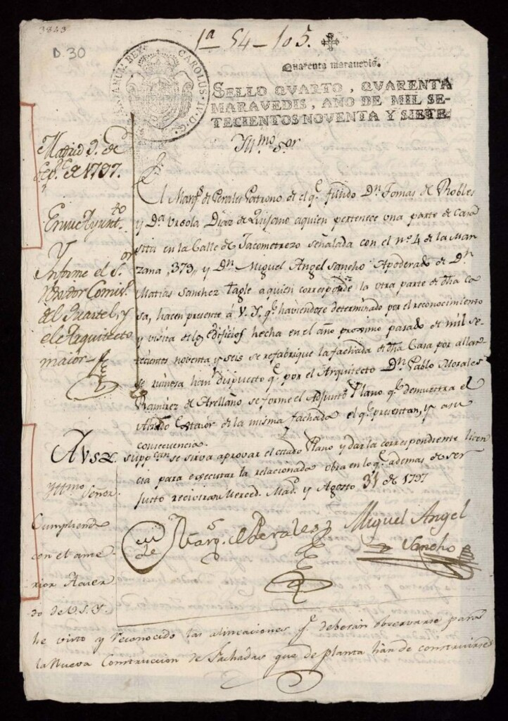 Miniatura de Licencia al marqués de Perales y Don Miguel Sancho para la construcción de la casa de la calle de Jacometrezo nº 4, manzana 379