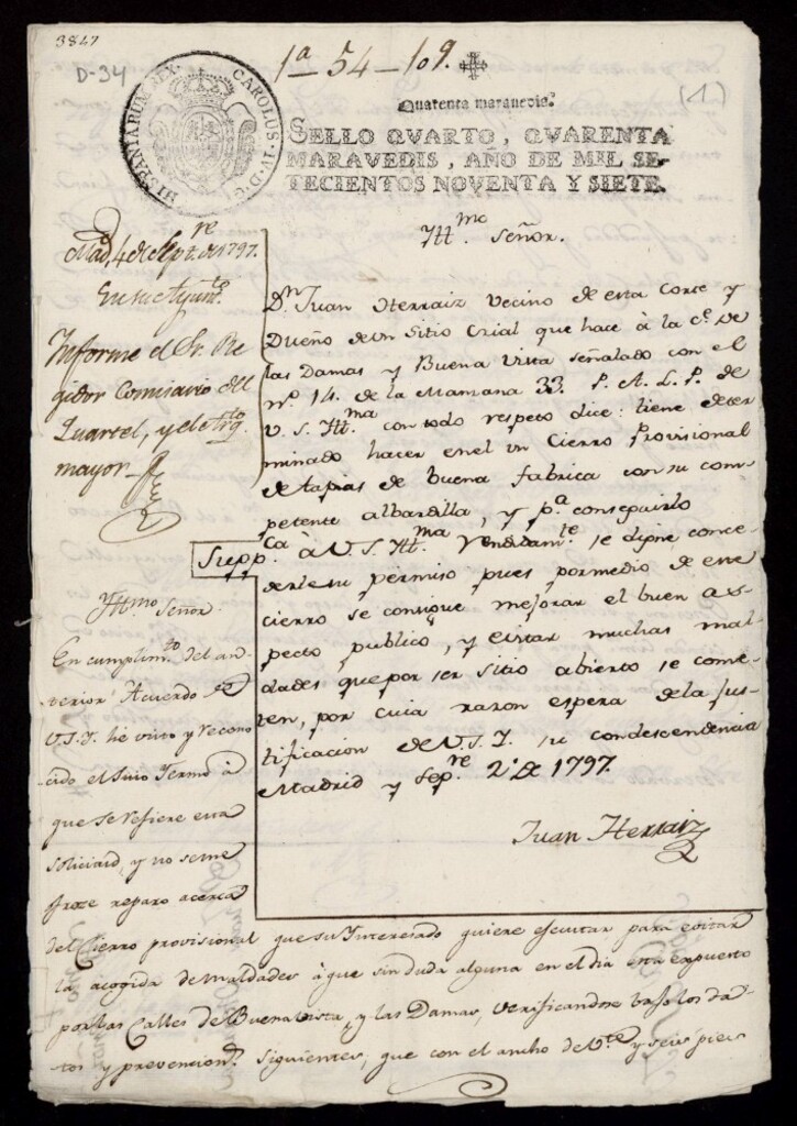 Miniatura de Licencia a Don Juan Herraiz para cercar un sitio erial en la calle de las Damas y Buena Vista (hoy Primavera) nº 14 antiguo, manzana 33