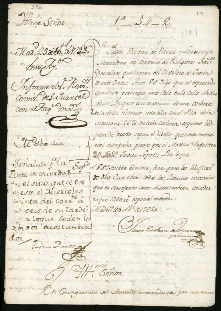 Miniatura de Licencia a Don Juan Esteban de Escuza y Larrinaga por el convento del Caballero de Gracia en la calle Ancha de los Peligros a la de los Gitanos nº 14 manzana 267 (hoy Sevilla) para edificar de nueva planta