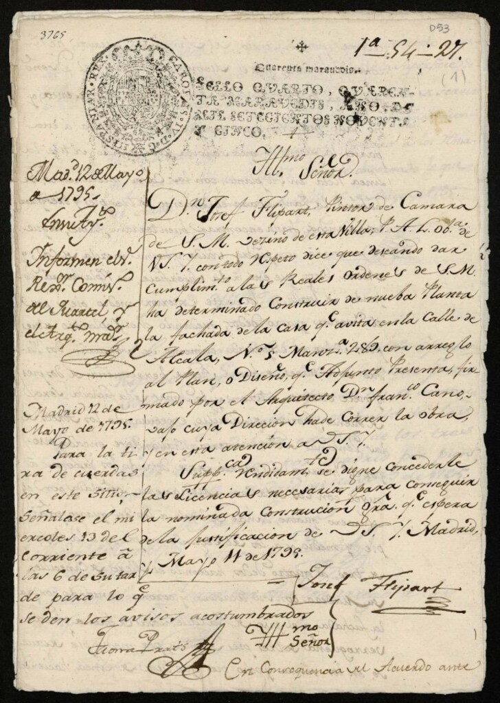 Miniatura de Licencia a Don José Flipart para reedificar en la calle de Alcalá nº 5 manzana 289