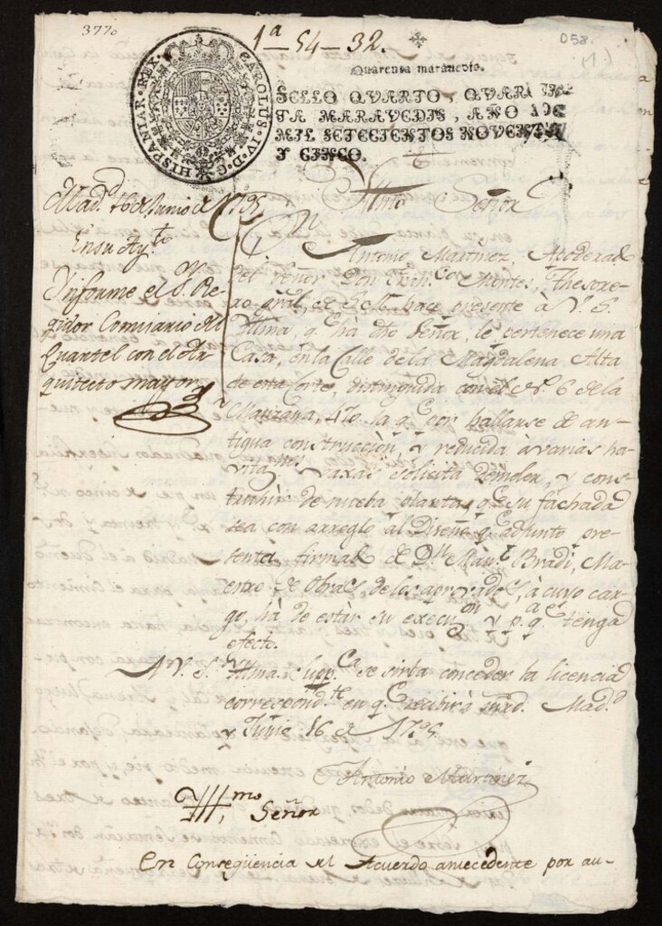 Miniatura de Licencia a Don Antonio Martínez para reedificar en la calle de la Magdalena Alta nº 6 manzana 470 ( hoy Pizarro) por Don Francisco Montes