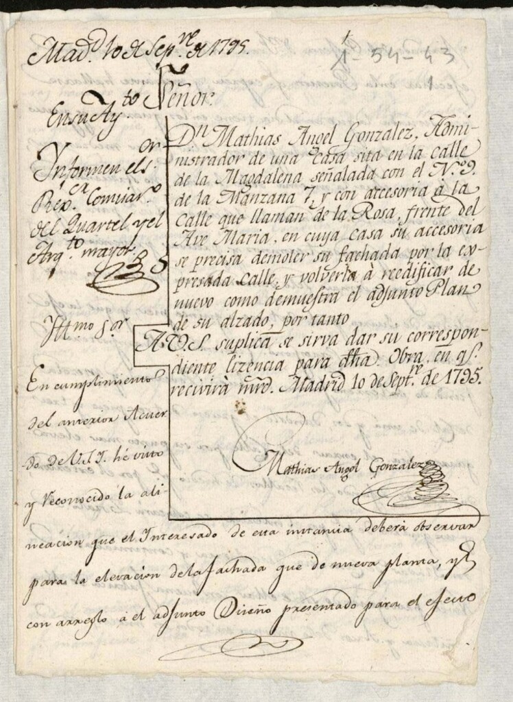 Miniatura de Licencia a Don Matias Ángel González para reedificar la fachada en la calle de la Magdalena nº 9 manzana 7