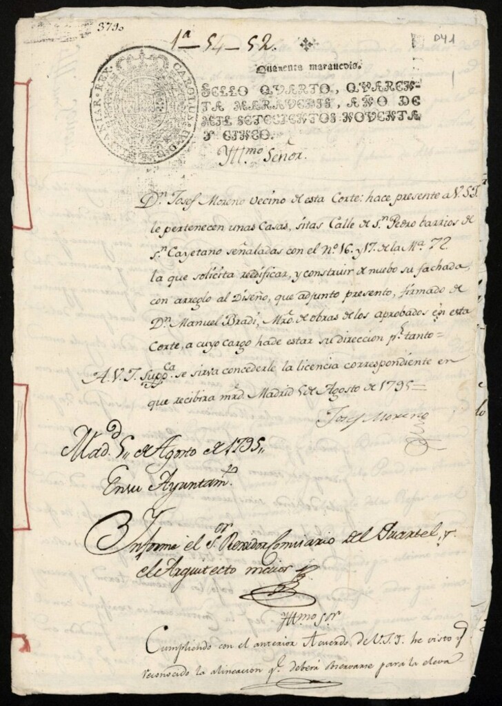 Miniatura de Licencia a Don José Moreno para reedificar en la calle de San pedro nº 16 y 17 manzana 72