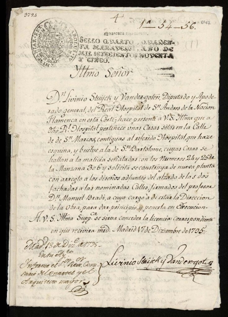 Miniatura de Licencia a Don Livinio Stujek y Vandergoten por el Hospital de los Flamencos para reedificar en la calle de San Marcos nº 24 y 25 manzana 306