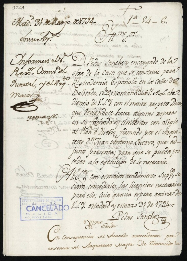 Miniatura de Licencia a don Pedro Sánchez para varias reparaciones en la calle Valverde nº 29 manzana 346
