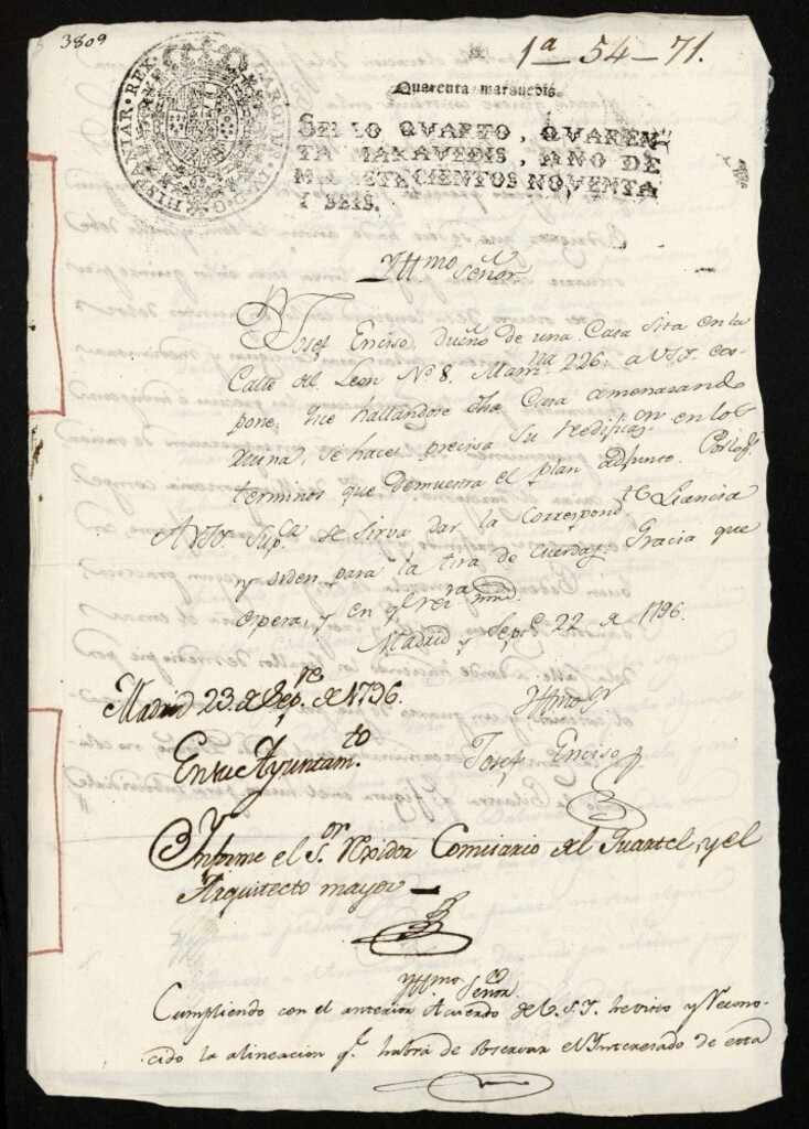 Miniatura de Licencia a Don José Enciso para reedificar su casa en la calle del León nº 8 antiguo, manzana 226
