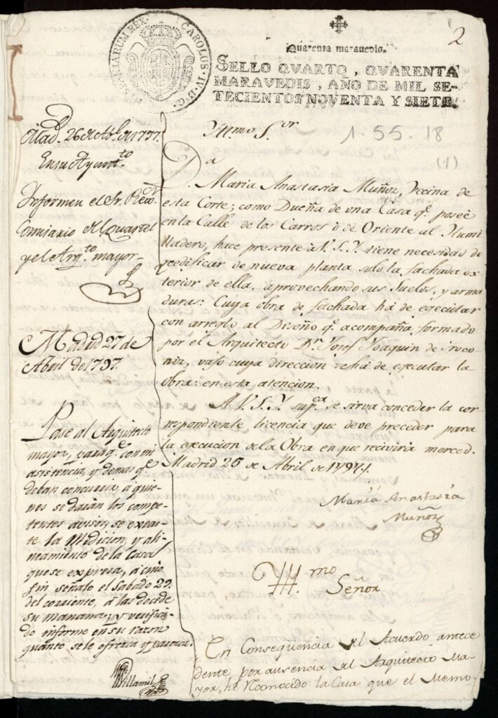 Miniatura de Licencia a Doña María Anastasia Muñoz para la construcción de la fachadab de la calle de los Carros hoy de Oriente al Humilladero nº 5 antiguo, manzana 104