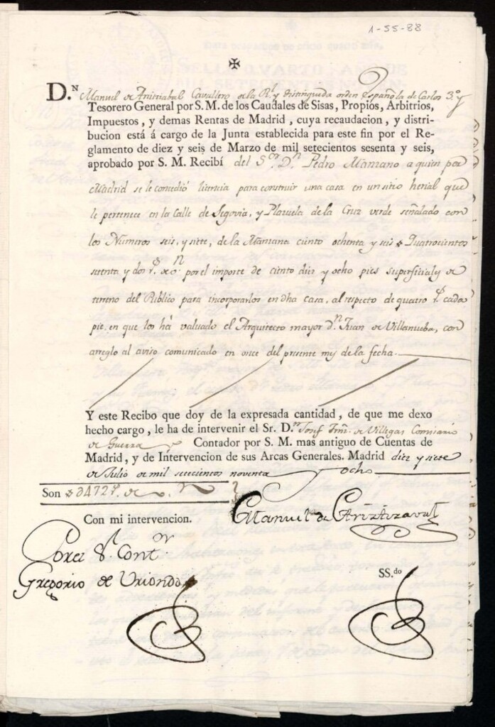 Miniatura de Licencia a Don Pedro Manzano para la construcción de una casa en la calle de Segovia y Plazuela de la Cruz Verde nº 6 y 7 manzana 186