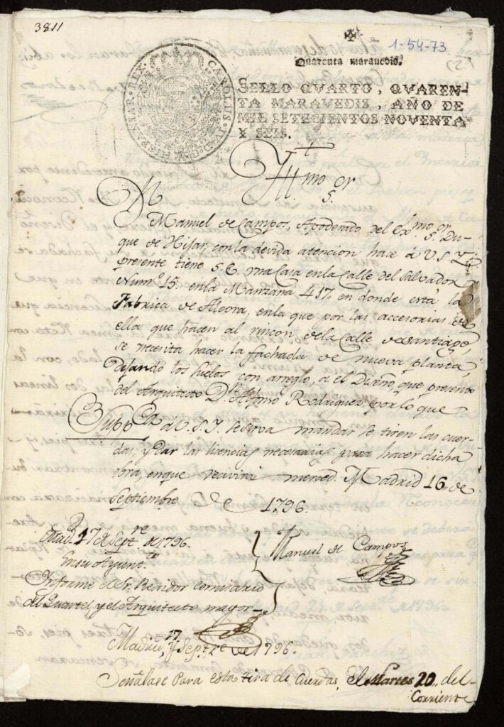 Miniatura de Licencia a Don Manuel de Campos, apoderado del Exmo. Sr. Duque de Hijar para reedificar la fachada de su casa en la calle de Luzón y Santiago nº 15 antiguo manzana 417