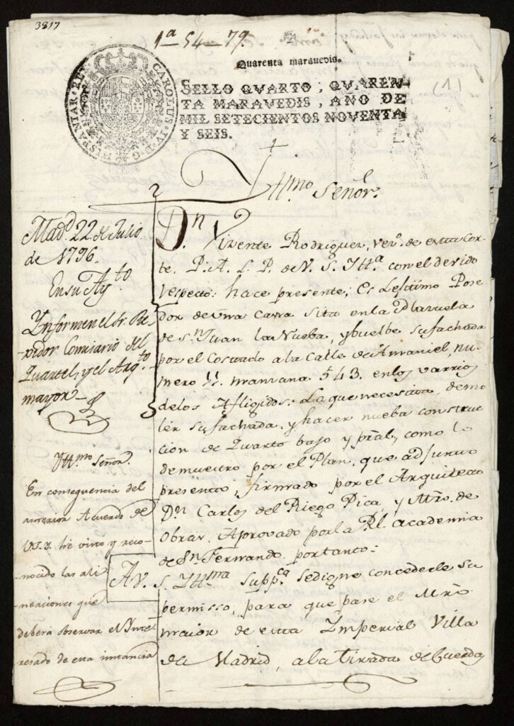 Miniatura de Licencia a Don Vicente Rodríguez, para reedificar la fachada de su casa en la Plazuela de San Juan Nueva, hoy del Limón nº 11 antiguo, manzana 543