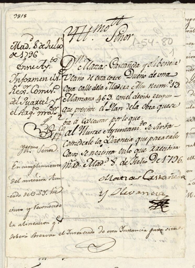 Miniatura de Licencia a Don Matias Casteñeda y Olivencia para reedificar su casa en la calle de la Madera Alta nº 13 antiguo, manzana 463