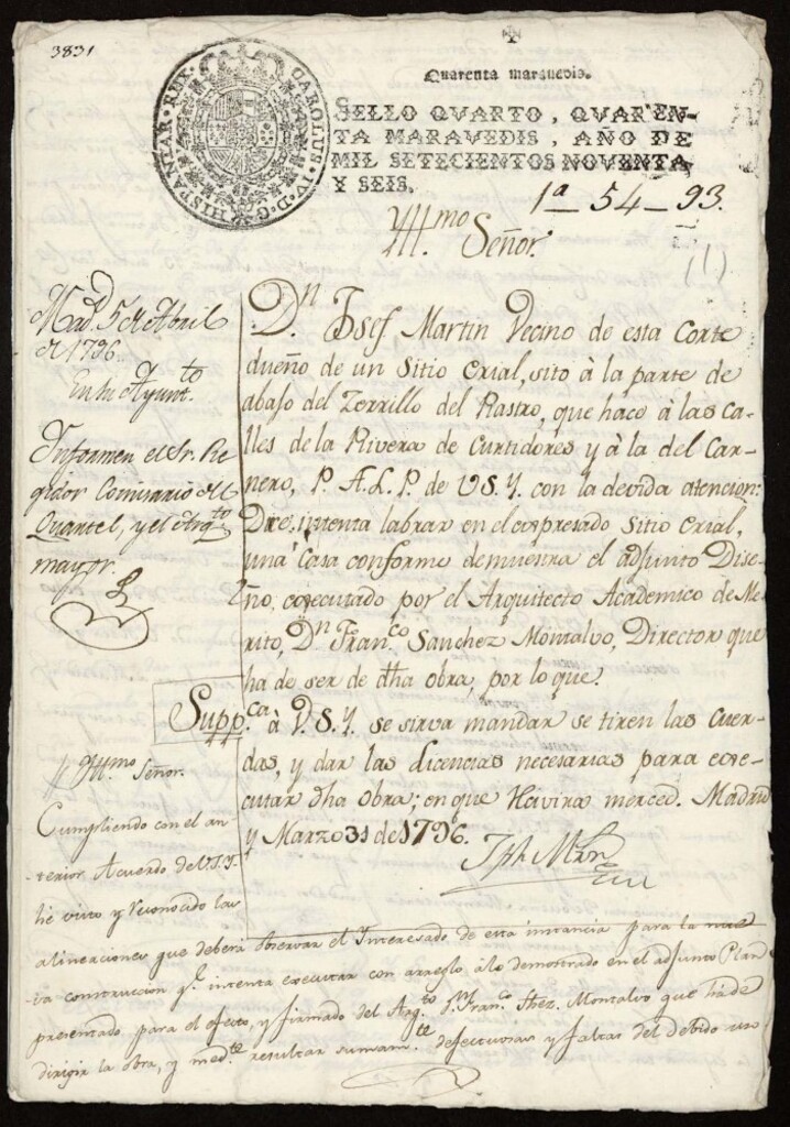 Miniatura de Licencia a Don José Martín para levantar una casa en un solar situado a la parte de abajo del Cerrillo del Rastro a las calles de la Ribera de Curtidores y Carnero