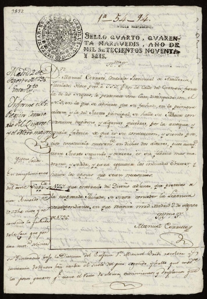 Miniatura de Licencia a Don Manuel Cerrato para reparar la fachada de su casa en la Calle del Carmen nº 9 antiguo, frente a la de los Negros