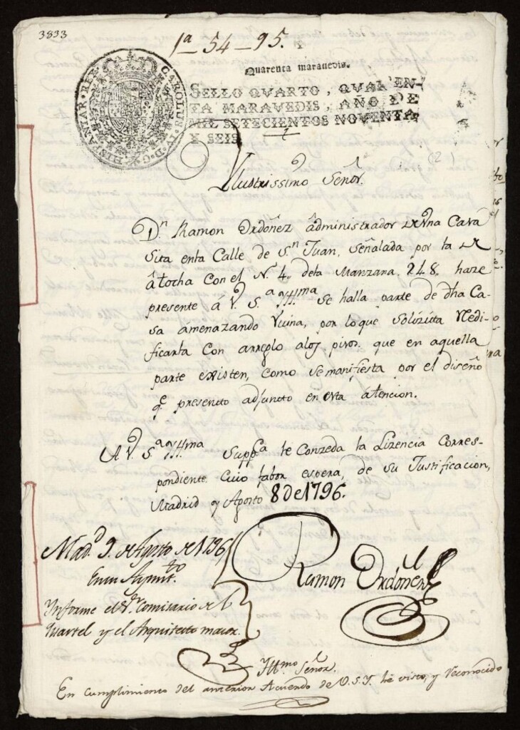 Miniatura de Licencia a Don Ramón Ordoñez administrador para reedificar una casa en la calle de San Juan n º 4 antiguo de la manzana 248