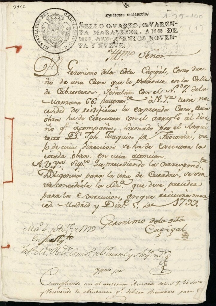 Miniatura de Licencia a Don Jerónimo de la Sota Cagigal para la construcción de la facahada de la calle Cabestreros nº 7 antiguo, manzana 66
