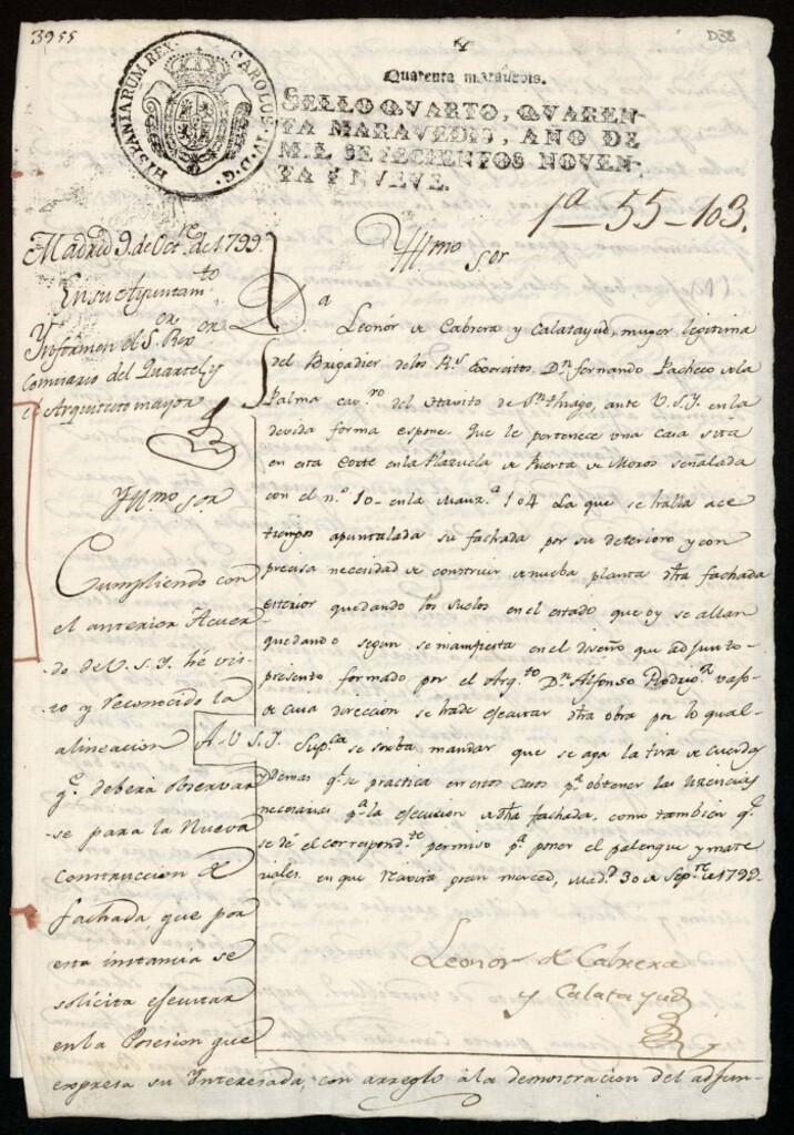 Miniatura de Licencia a Doña Leonor de Cabrera y Calatayud para la construcción de una casa en la plazuela de Puerta de Moros nº 10 antiguo, manzana 104