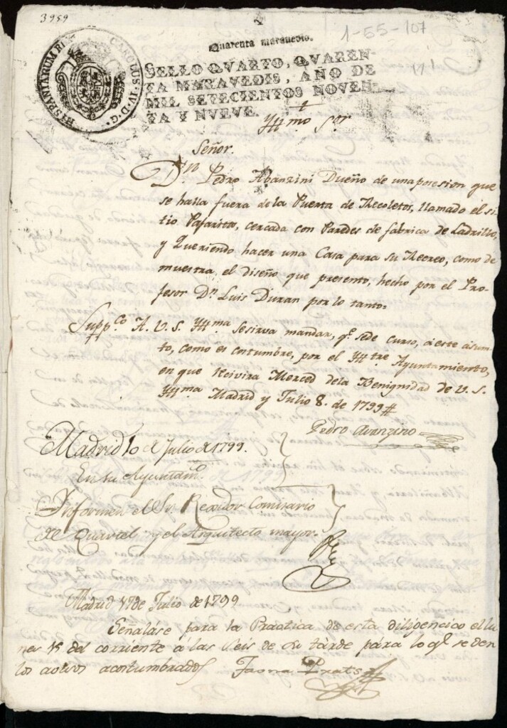 Miniatura de Licencia a Don Pedro de Abancini para la construcción de una casa de recreo en las afueras de la Puerta de Recoletos, sitio llamado Pajaritos