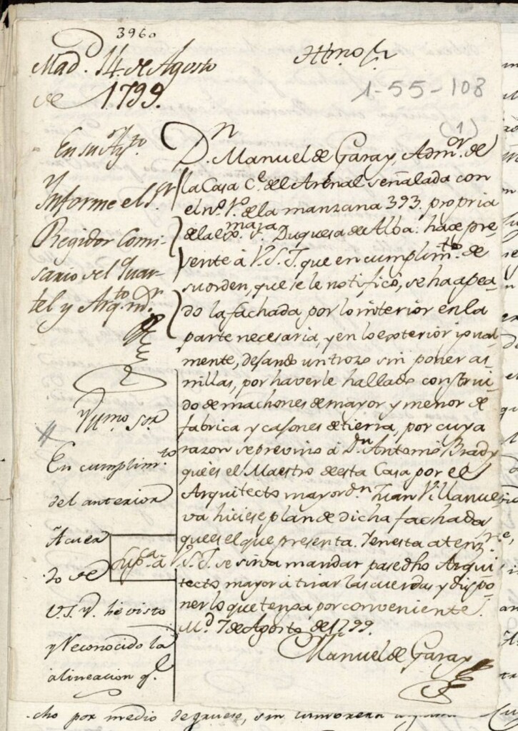 Miniatura de Licencia a Don Manuel Garay administrador de la Señora Duquesa de Alba para la construcción de un trozo de fachada de la casa en la calle del Arenal nº 1 antiguo, manzana 393