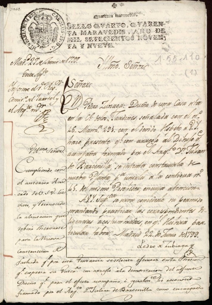 Miniatura de Licencia a Don Pedro Zubiaga para construir la fachada de la casa en la calle de Jardines nº 46 antiguo, manzana 291