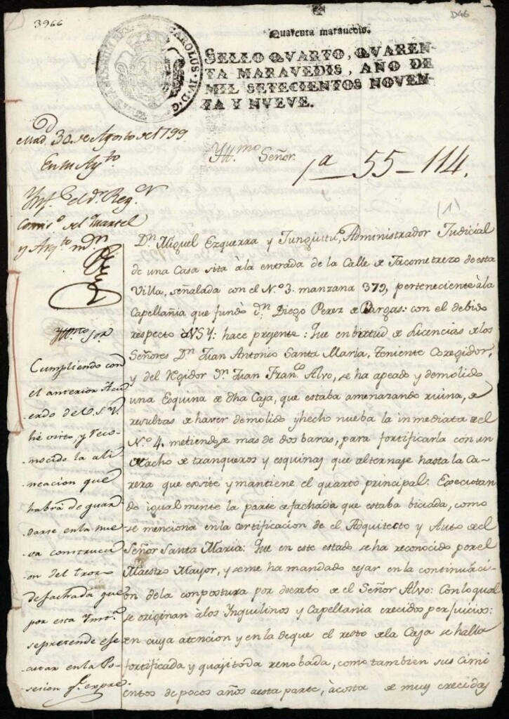 Miniatura de Licencia a Don Miguel Ezquerra administrador judicial de una casa, para construir un trozo de fachada en la casa de la calle de Jacometrezo nº 3 antiguo, manzana 379