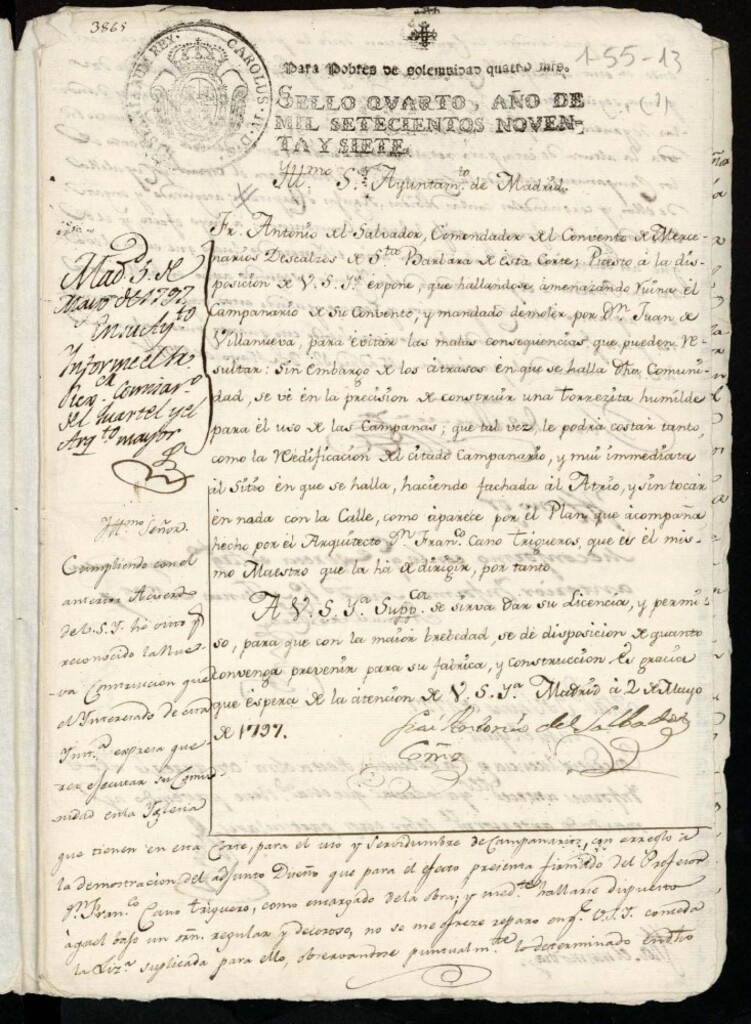 Miniatura de Licencia al converto de los Mercedarios Descalzos de Santa Bárbara para la construcción de una torre para la campanas del convento