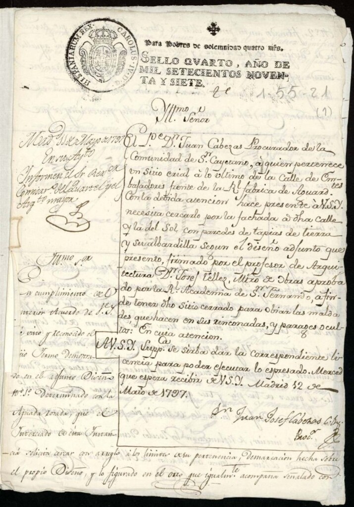 Miniatura de Licencia al convento de San Cayetano para cercar un sitio erial en la calle de Emabajadores esquina a la del Sol frente a la fábrica de aguardiente