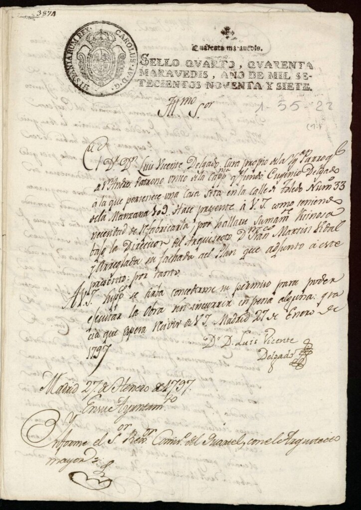 Miniatura de Don Luis Vicente Delgado, cura propio en la parroquia de San Ándres, a la pertenece una casa en la calle Toledo nº 33 antiguo, manzana 109, solicita licencia , para reedificarla por encontrarse sumamente ruinosa.