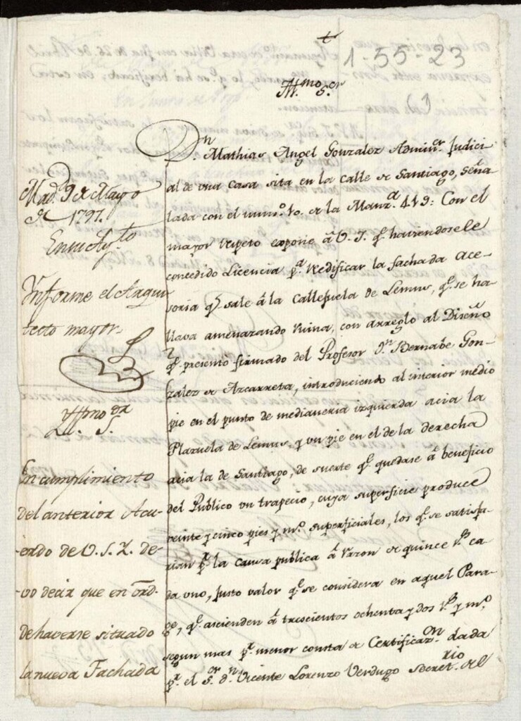 Miniatura de Licencia a Don Matías Ángel González para la construcción de la fachada de la casa en la calle de Santiago nº 10 antiguo, manzana 419