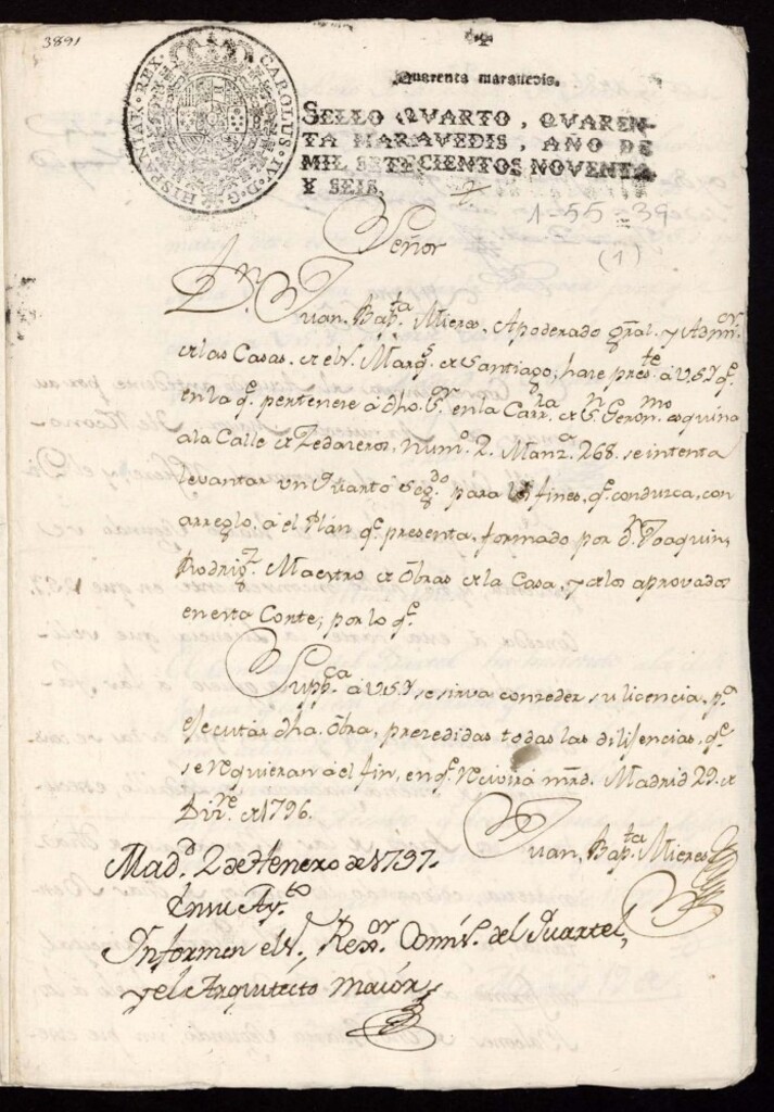 Miniatura de Licencia a Don Juan Bautista Mieres para levantar un cuarto 2º en la casa en la Carrera de San Jerónimo nº 2 antiguo, manzana 268 con vuelta a la de Cedaceros.