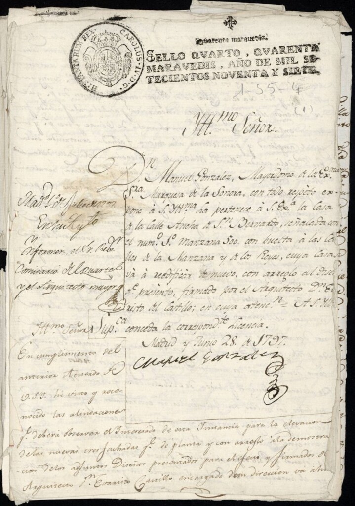 Miniatura de Licencia a Don Manuel González por la marquesa de Sonora para la construcción de la casa en la calle Ancha de San Bernardo nº 1 manzana 500