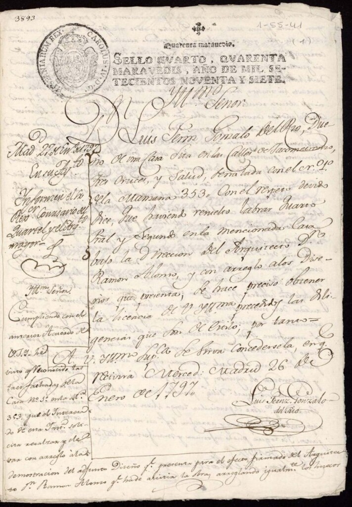 Miniatura de Licencia a Don Luis Fernández Gonzalo para la construcción de una casa en las calles de Jacometrozo, Tres Cruces y Salud