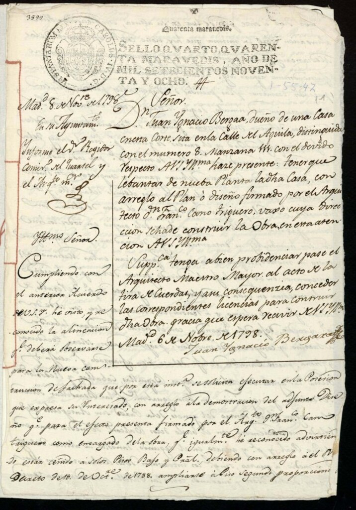 Miniatura de Licencia a Don Juan Ignacio Bergoa para la construcción de una casa en la calle del Águila nº 8 antiguo, manzana 111
