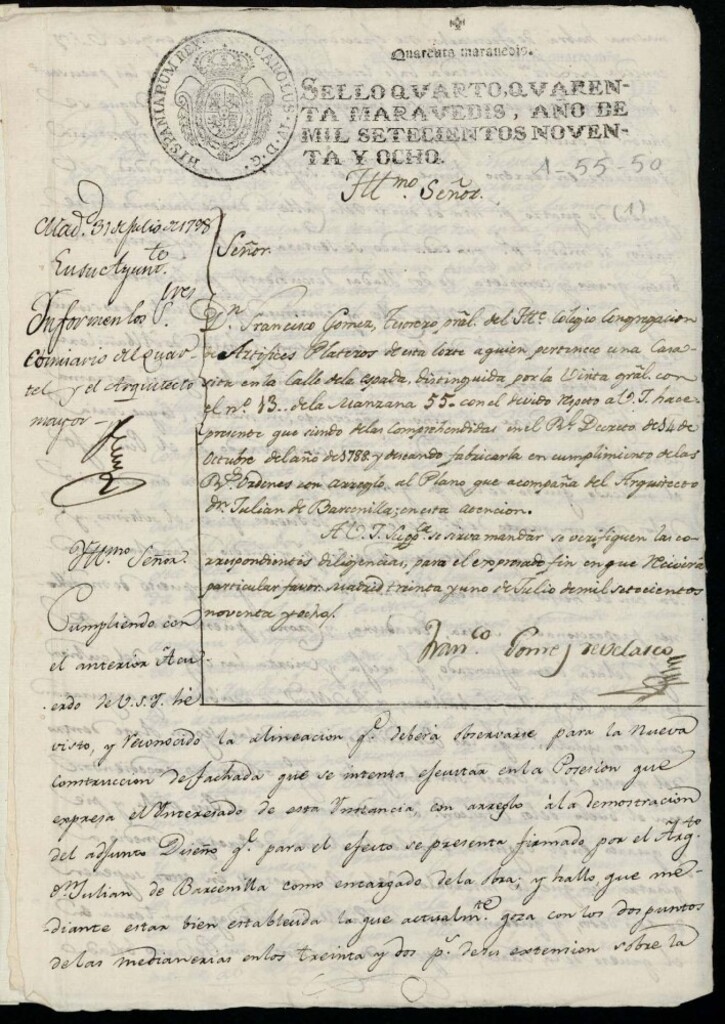 Miniatura de Licencia al colegio de Artifices Plateros para la construcción de una casa en la calle de la Espada n º 13 antiguo, manzana 55