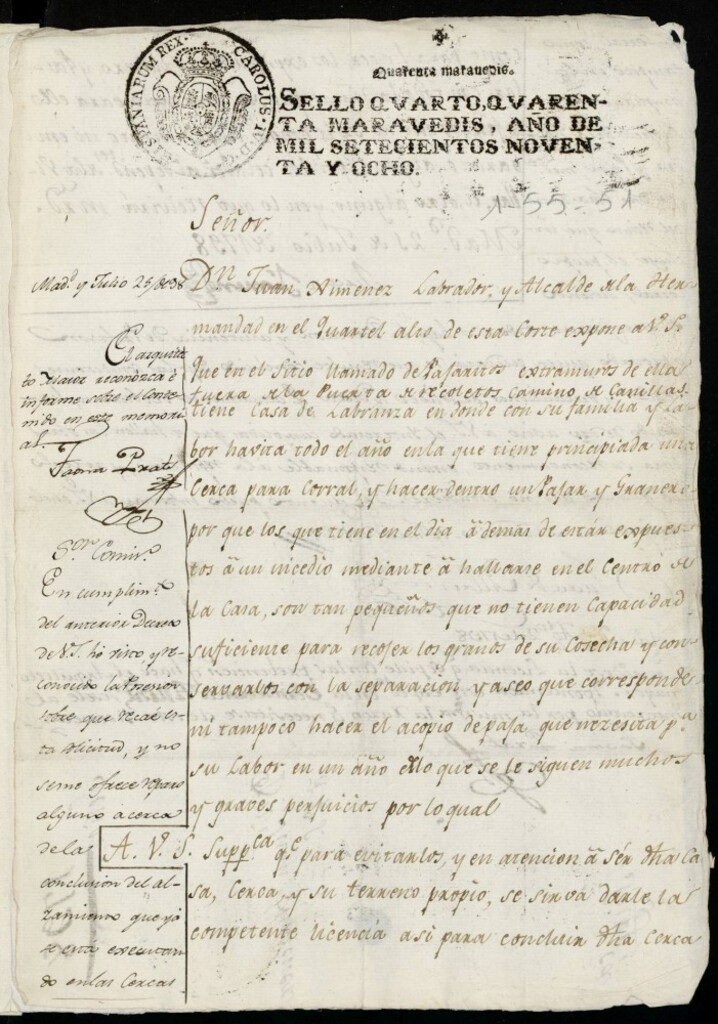 Miniatura de Licencia a Don Juan Giménez para la construcción de una cerca y un pajar en las afueras de la Puerta de Recoletos llamado Pajaritos.