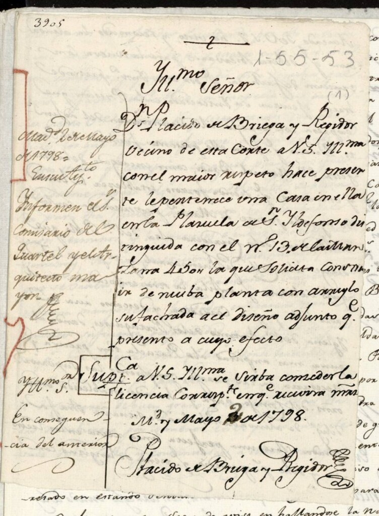 Miniatura de Licencia a Don Plácido de Briega para la construcción de una casa en la Plazuela de San Idelfonso nº 13 antiguo, manzana 450
