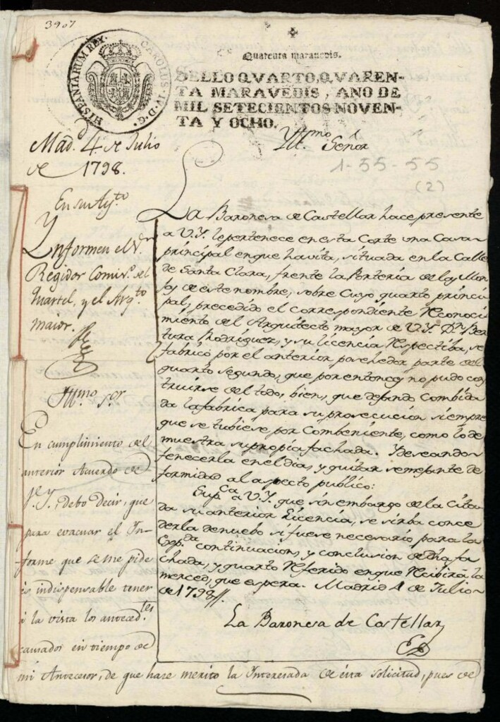 Miniatura de Licencia a la Sra. Baronesa de Castellar para la continuación del cuarto 2º de la casa en la calle de Santa Clara frente a la portería de las monjas de este nombre.