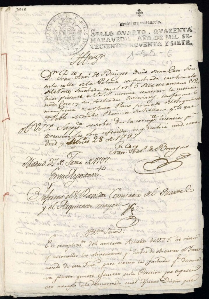 Miniatura de Licencia a Don Francisco Antonio de Bringas para la construcción de una casa en la calle de la Palma nº 5 manzana 512