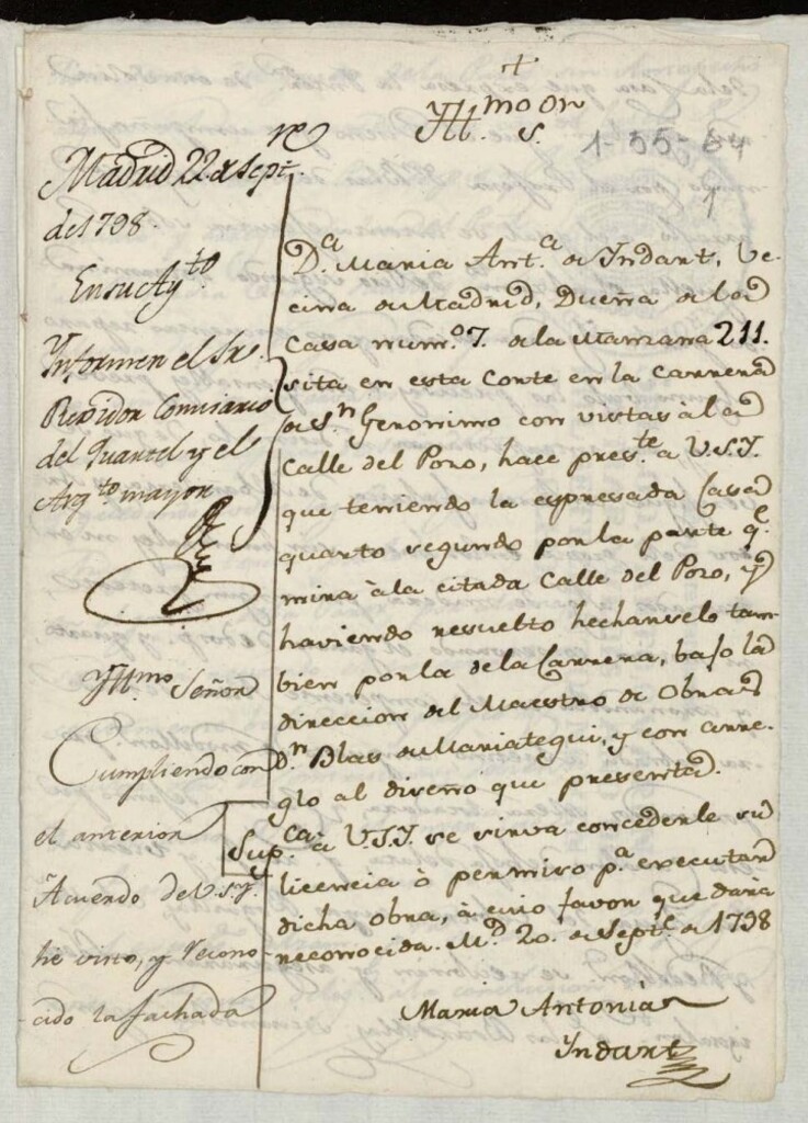 Miniatura de Licencia a Doña María Antonia de Indart para la construcción de un cuarto 2º en la fachada de la casa en la Carrera de San Jerónimo nº 7 antiguo, manzana 211