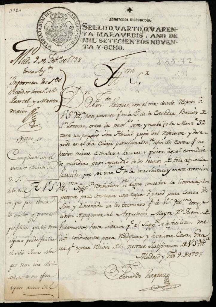 Miniatura de Licencia a Don Fernando Vázquez para la construcción de unas tapias en la calle de la Escuadra nº 7 y 9 antiguos, manzana 32