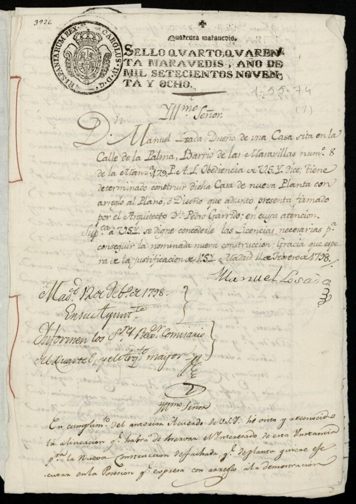 Miniatura de Licencia a Don Manuel Losada para la construcción de una casa en la calle de la Palma nº 8 antiguo, manzana 479