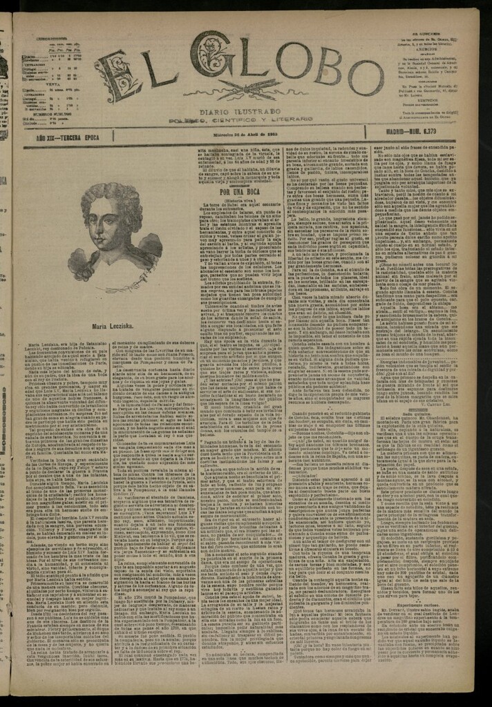Miniatura de El Globo : diario ilustrado del 26 de abril de 1893, nº 6379