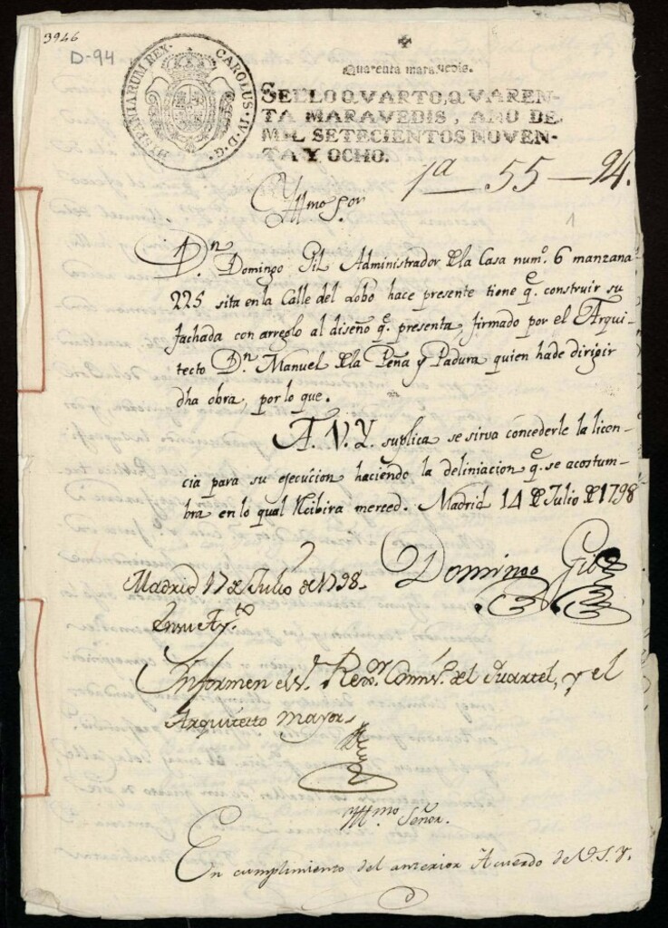 Miniatura de Licencia a Don Domingo Gil, administrador de la casa de la calle del Lobo nº 6, manzana 225, para la construcción de la fachada.
