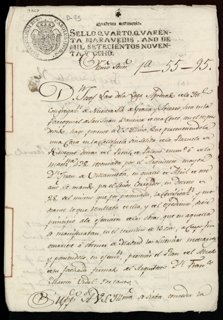 Miniatura de Licencia a Don José Laso de la Vega para la construcción de la fachada de la casa en la callejuela Sin Salida a la Plazuela de Reveque antigua, nº 6 antigua, manzana 408