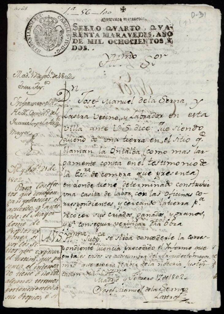 Miniatura de Licencia a Don José Manuel de la Serna y Lastra para la construcción de una casa de labor, sitio que llaman la Ontalba entre la puerta de Alcalá y Recoletos