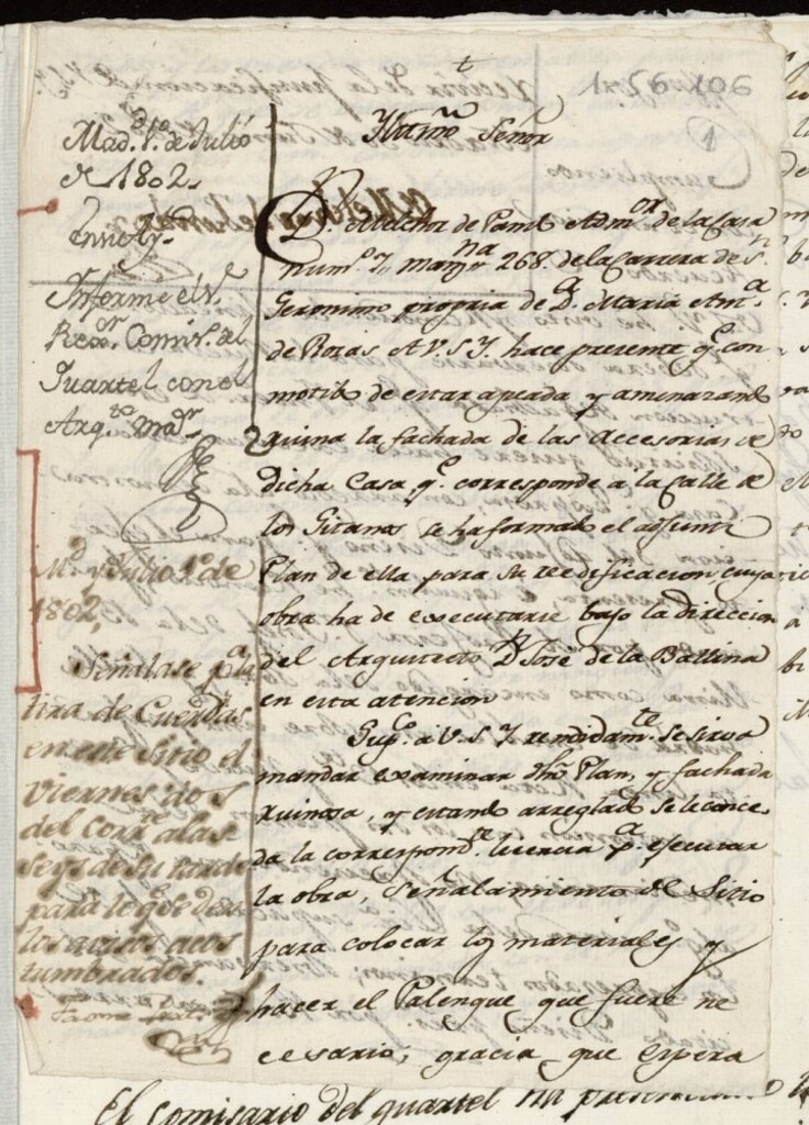Miniatura de Licencia a Don Melchor Pando por Doña María Antonia de Rozas para reedificar la fachada de las casas de la Carrera de san Jerónimo con accesorías a la de los Gitanos nº 7 antiguo, manzana 268