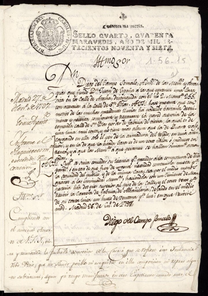 Miniatura de Licencia a Don Diego del Campo Somalo para reparar la pared accesoria de la casa en la calle de Atocha accesoria a la de San Blas nº 2 antiguo, manzana 255