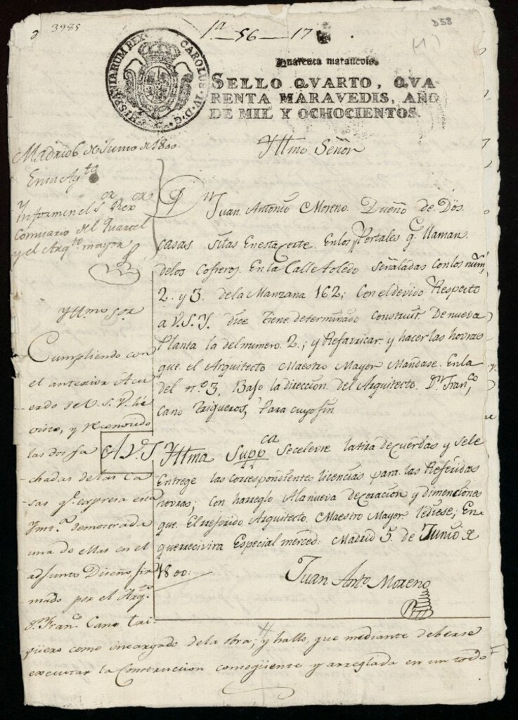 Miniatura de Licencia a Don Juan Antonio Mereno para reedificar las casas nº 2 y 3 manzana 162 de la calle de Toledo