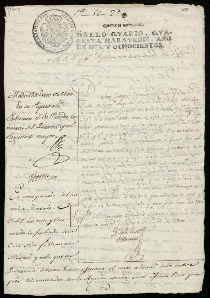 Miniatura de Licencia a Don José Eustaquio Moreno para levantar la fachada de la casa en la calle Ancha de San Bernardo nº 3 antiguo, manzana 495