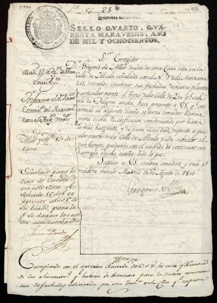 Miniatura de Licencia a Don Gregorio de Aller para reedificar la fachada de la casa nº 1 antiguo, manzana 266, de la calle de Hita esquina a la de Peligros (hoy travesía de este nombre)